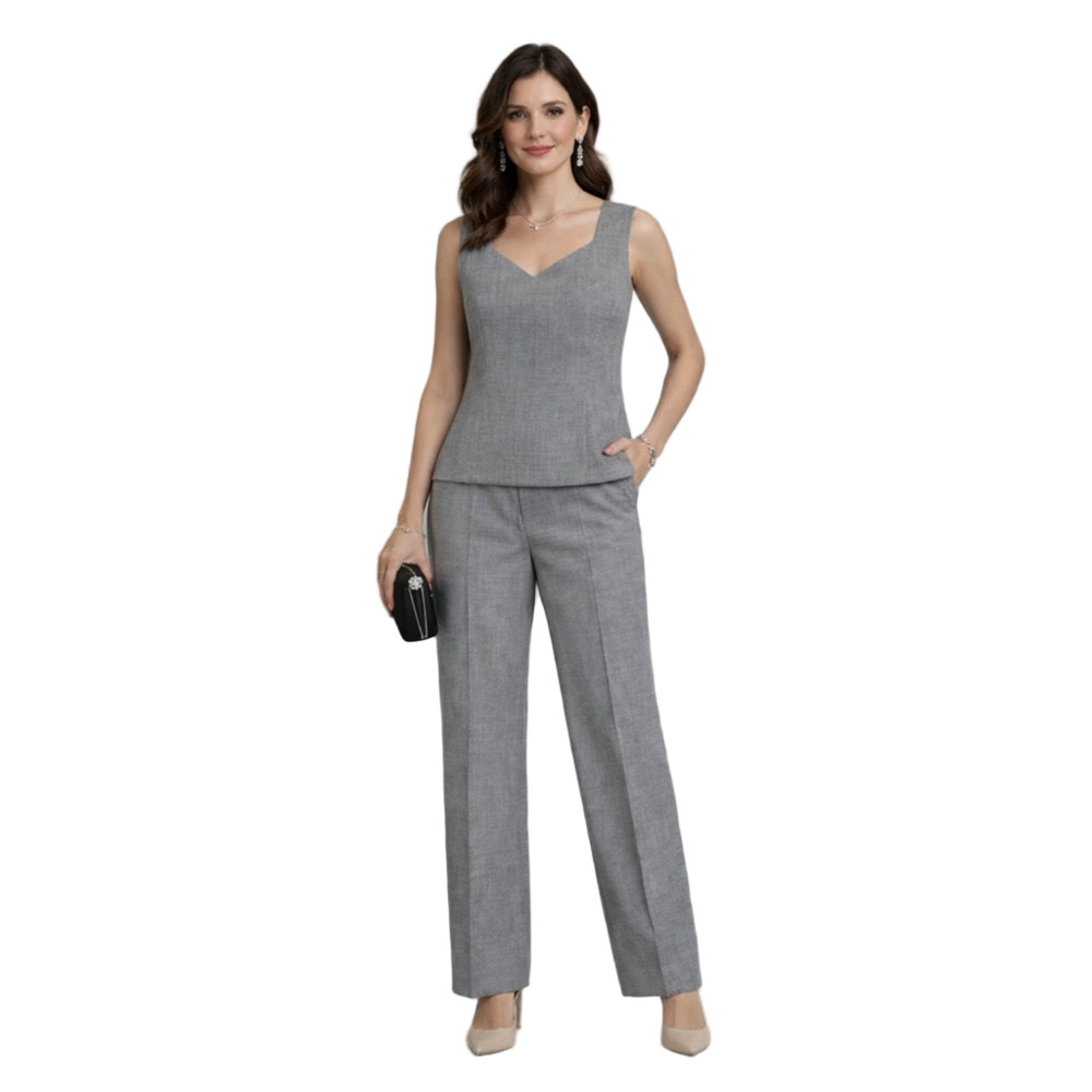 Elegant Grey Pantsuit Set Vintage Trousers Sleeveless Blouse Top Office Sleek